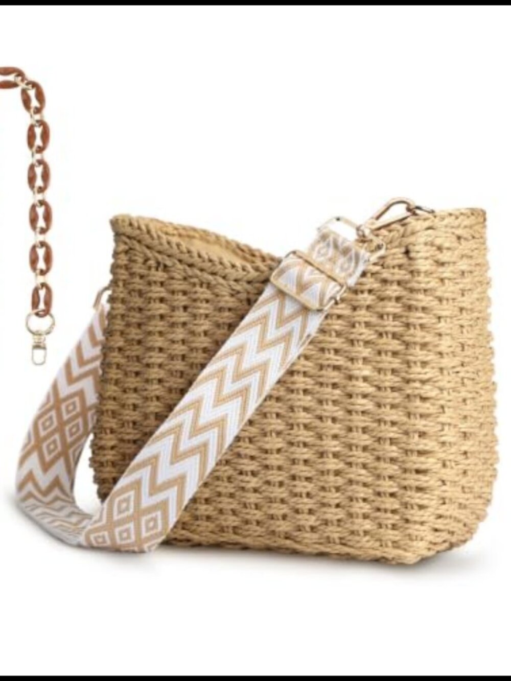 Small Straw Handbag Crossbody Tote Woven Beach Bag with Chain Strap